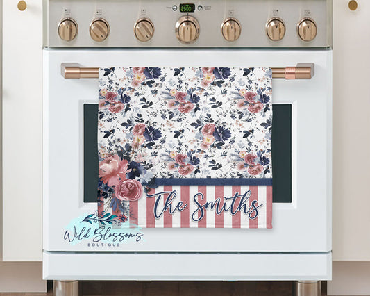 Navy and Rose Floral Kitchen Towel that can be personalized with custom text.