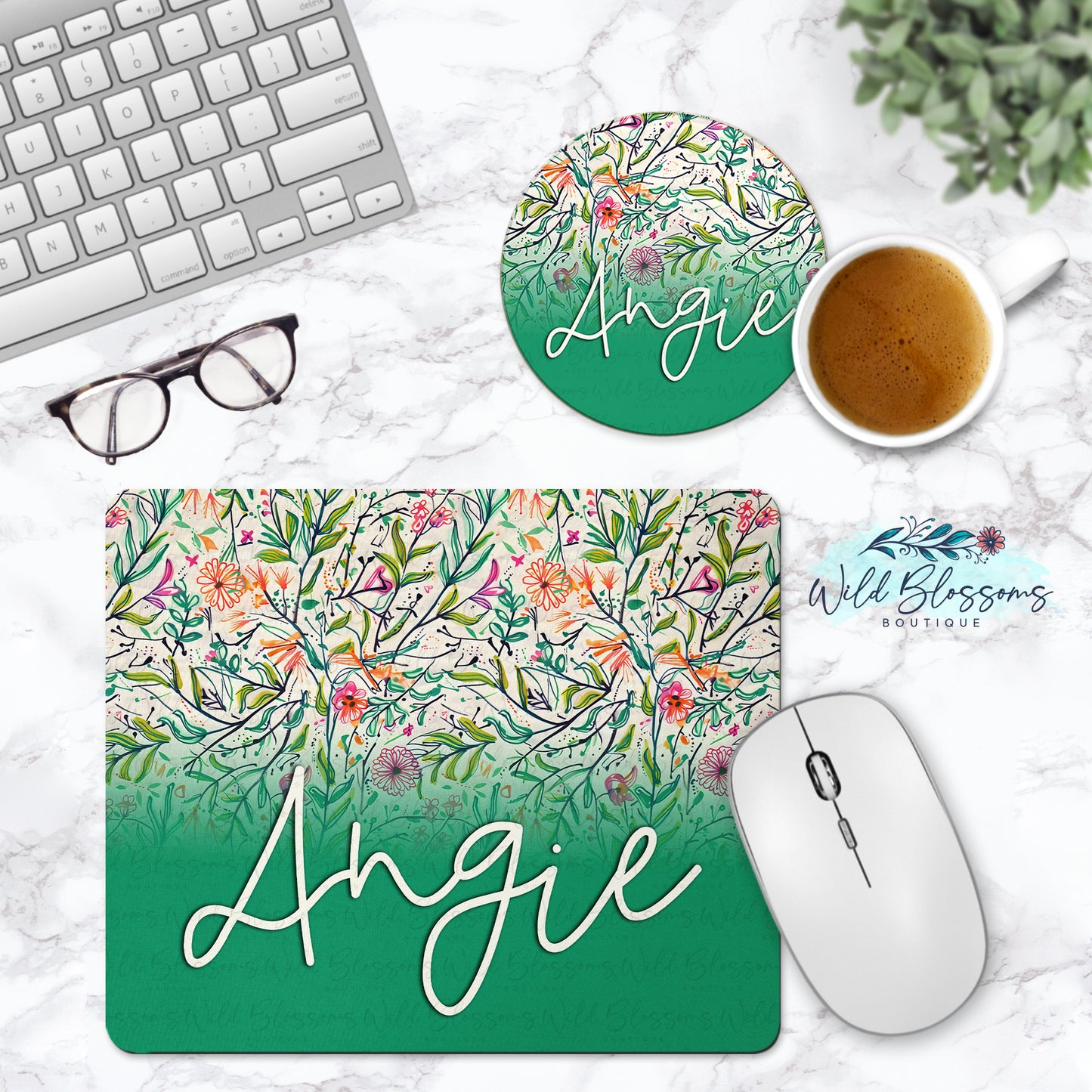 Colorful Wildflower Personalized Mouse Pad And Coaster Desk Set - 5 Designs To Choose From