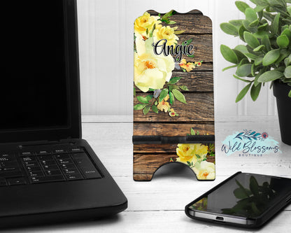 Dark Wooden Yellow Rose Floral Personalized Phone Stand