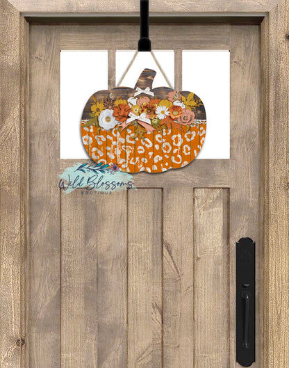 Distressed Leopard Print Wooden Floral Fall Pumpkin Door Hanger