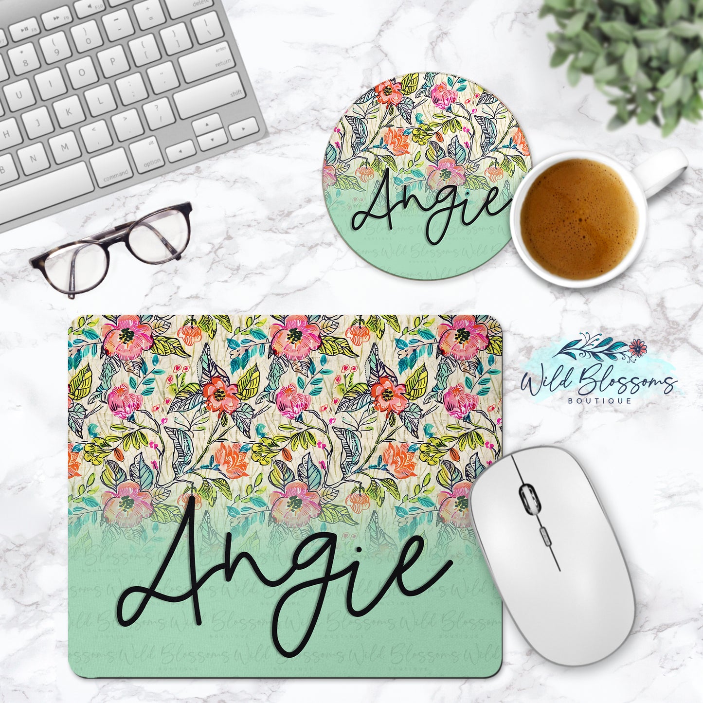 Colorful Wildflower Personalized Mouse Pad And Coaster Desk Set - 5 Designs To Choose From