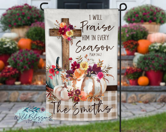 Fall Floral Pumpkin Wooden Cross Personalized Garden Flag