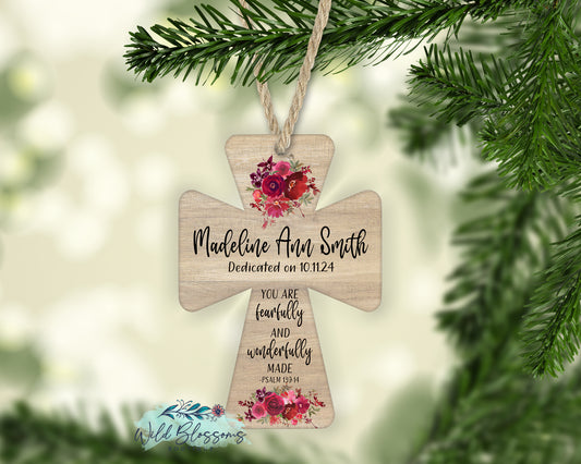 Fearfully and Wonderfully Made Wooden Cross Christmas Personalized Ornament