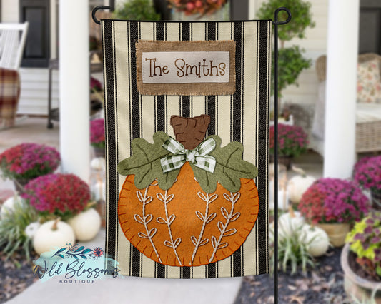 Felt Pumpkin Ticking Fabric Fall Personalized Garden Flag