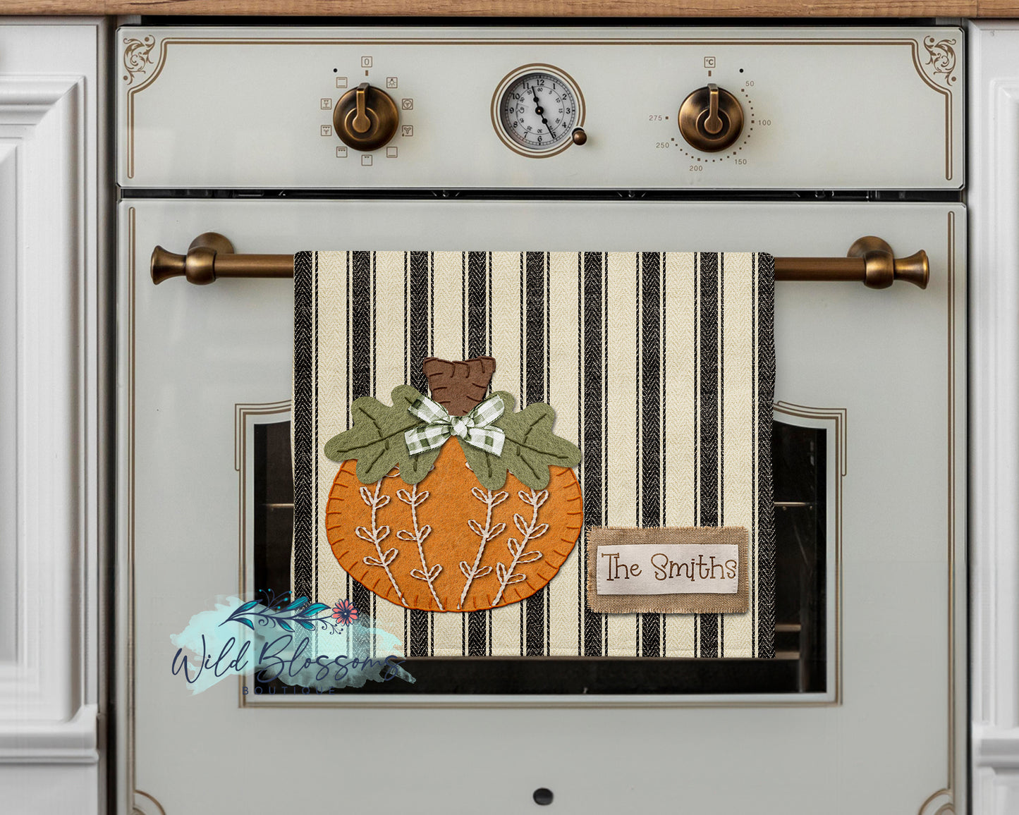 Felt Pumpkin Ticking Fabric Fall Personalized Kitchen Towel