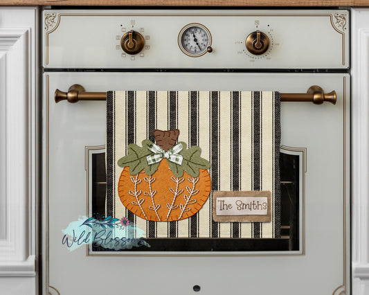 Felt Pumpkin Ticking Fabric Fall Personalized Kitchen Towel