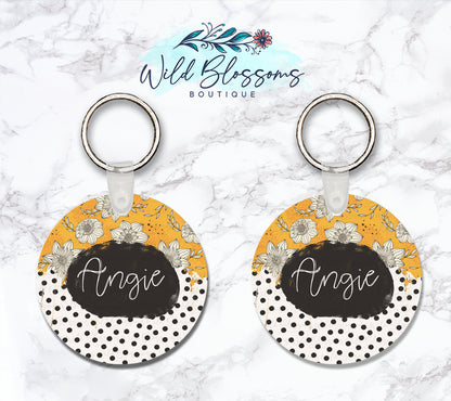 Floral Mustard and Polka Dot Personalized Round or Square Keychain