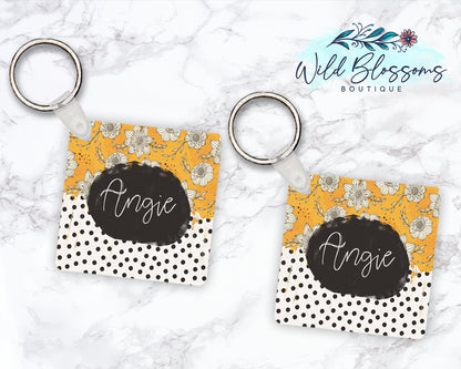 Floral Mustard and Polka Dot Personalized Round or Square Keychain