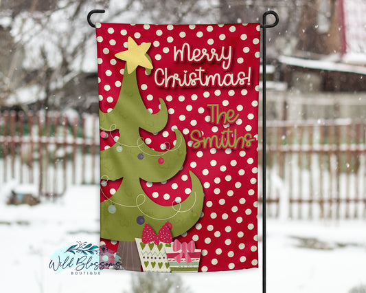 Red Polka Dot Merry Christmas Tree Christmas Personalized Garden Flag