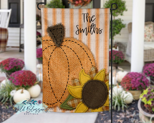 Faux Fabric Stitched Pumpkin and Sunflower Fall Personalized Garden Flag