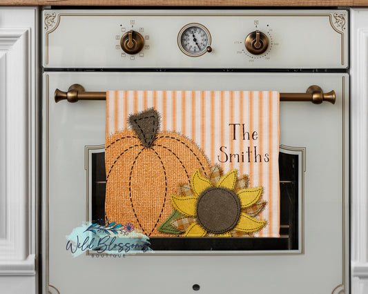 Faux Stitched Pumpkin and Sunflower Fall Personalized Kitchen Towel