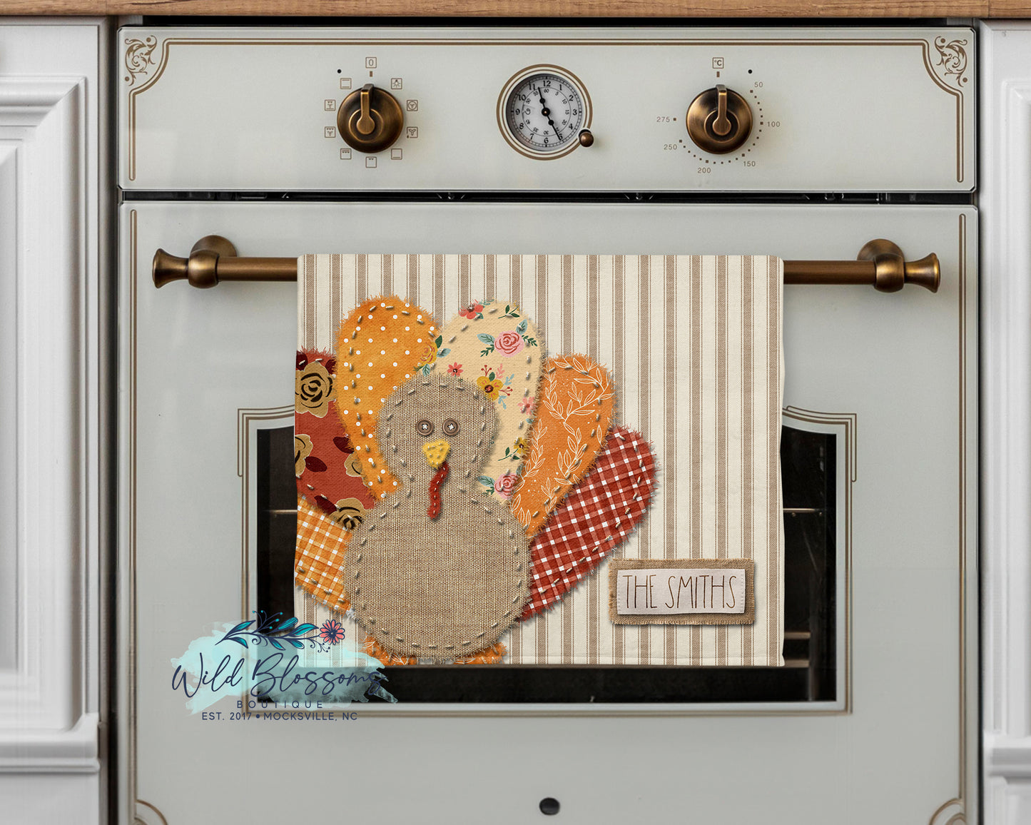 Faux Stitched Ticking Fabric Thanksgiving Turkey Fabric Fall Personalized Kitchen Towel