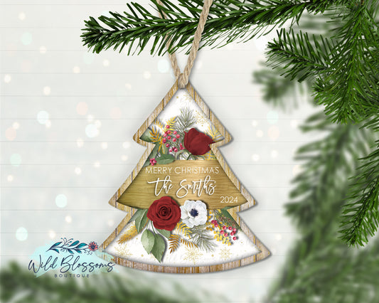 Golden Floral Personalized Christmas Tree Ornament