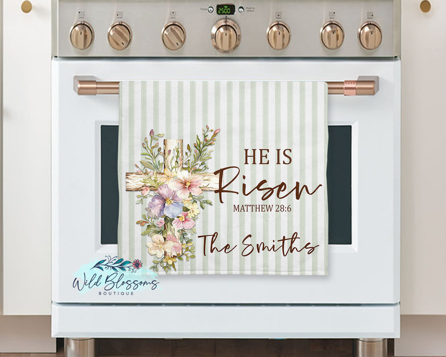 Green Striped He Is Risen Floral Cross Personalized Kitchen Towel