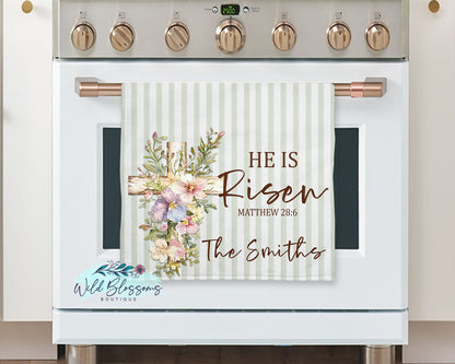 Green Striped He Is Risen Floral Cross Personalized Kitchen Towel