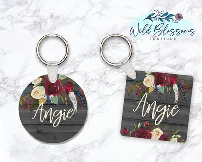 Wooden Grey And Red Floral Personalized Round or Square Keychain