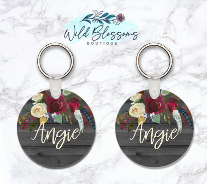 Wooden Grey And Red Floral Personalized Round or Square Keychain