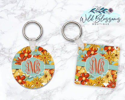 Groovy Flowers Personalized Round or Square Keychain