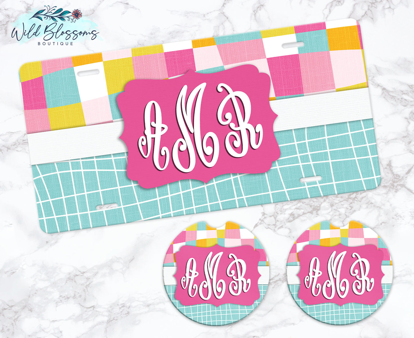 Groovy Summer Pink and Mint Personalized Car Coasters