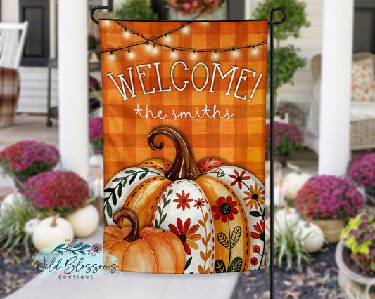 Gingham Floral Pumpkin Fall Personalized Garden Flag