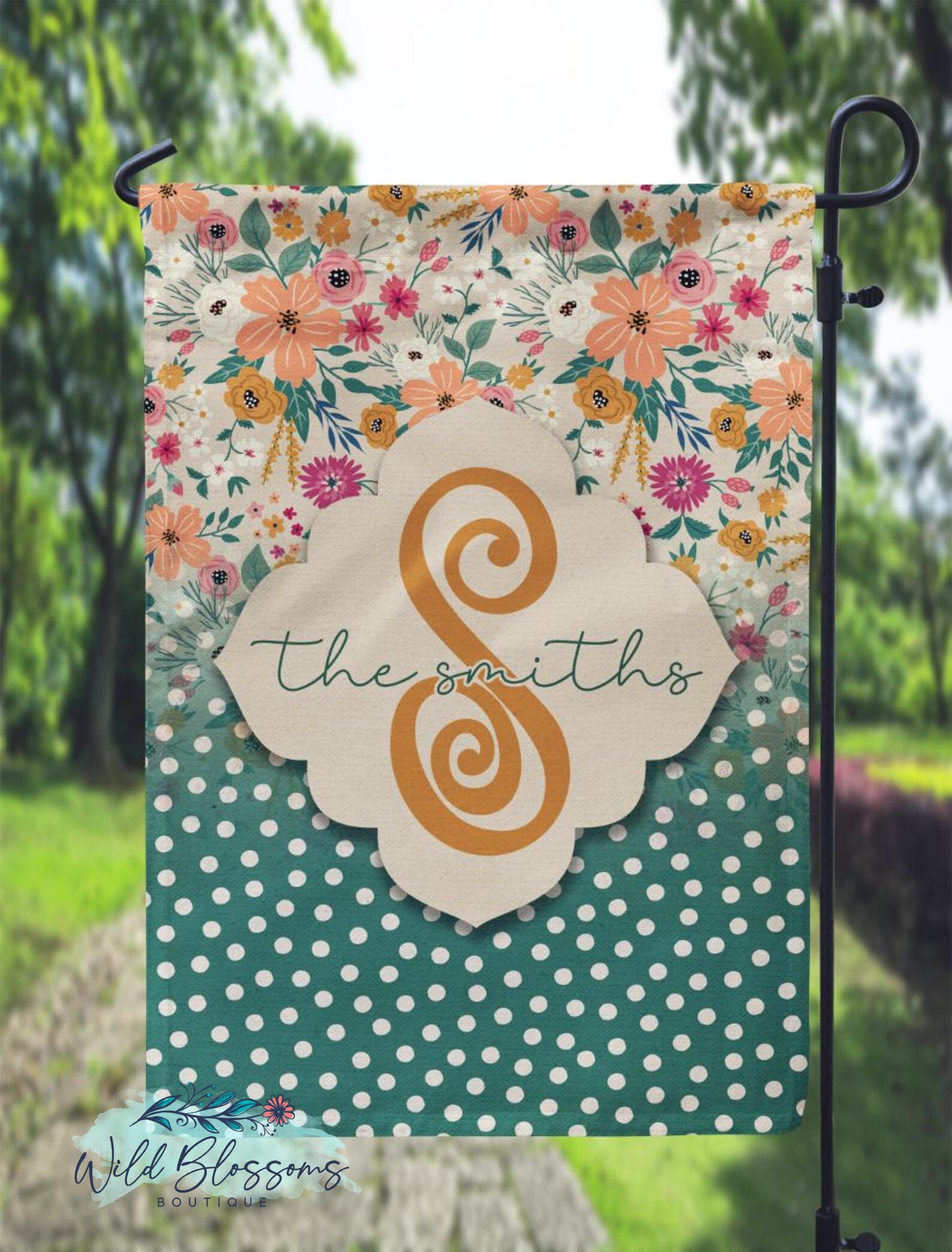 Green Floral Polka Dot Spring Personalized Garden Flag