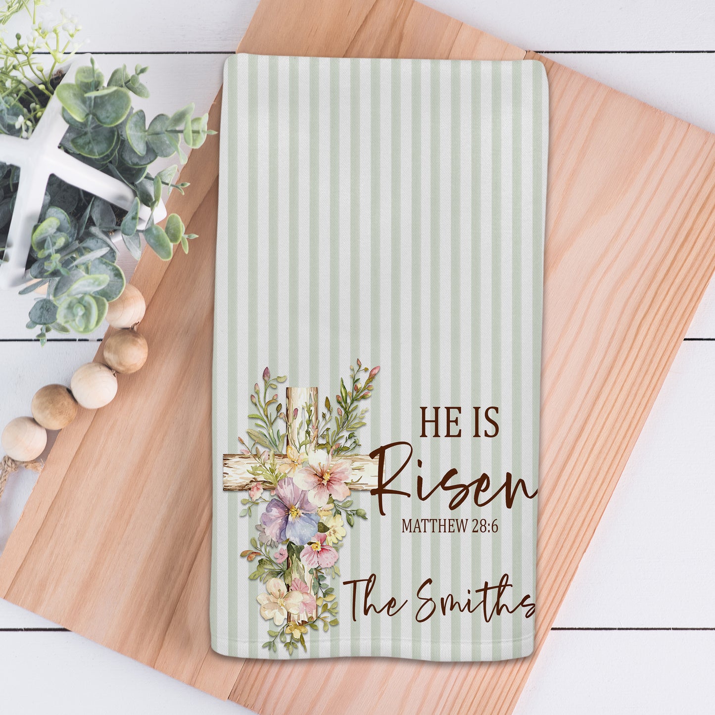Green Striped He Is Risen Floral Cross Personalized Kitchen Towel