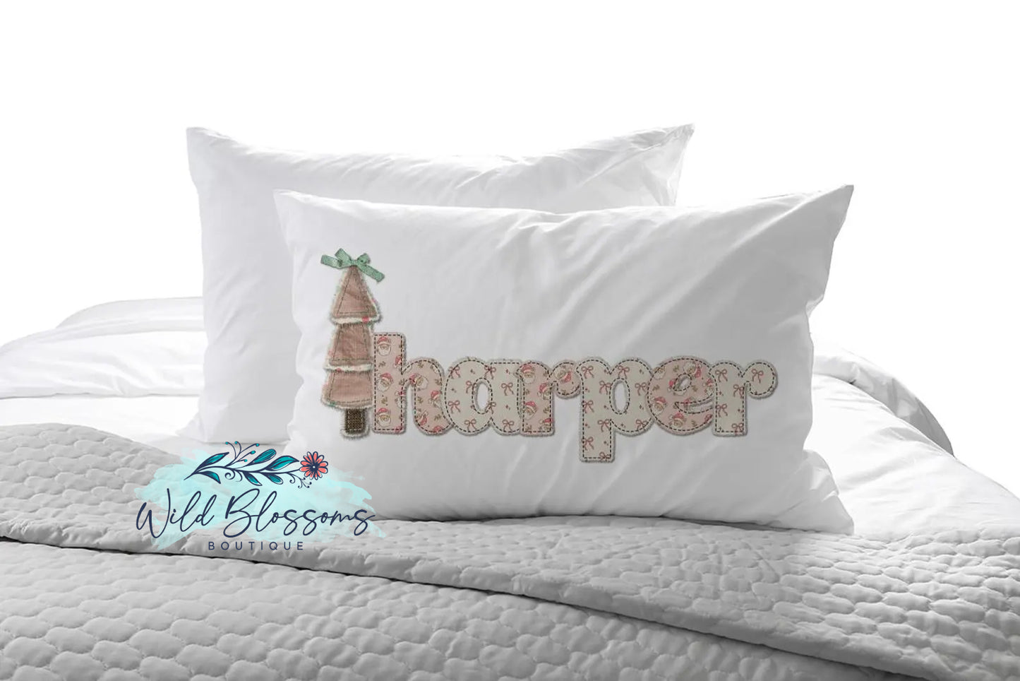 Groovy Santa Coquette Bow Frayed Faux Stitched Personalized Pillowcase