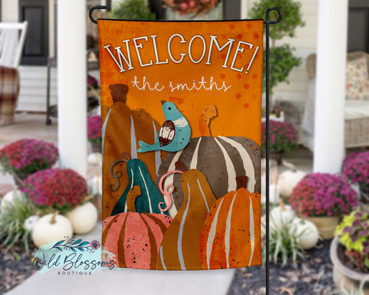 Grunge Pumpkins and Bird Fall Personalized Garden Flag