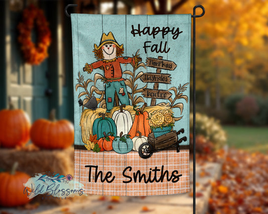 Happy Fall Scarecrow and Pumpkins Fall Personalized Garden Flag