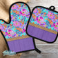 Purple Wooden Hibiscus Floral Personalized Pot Holder And Oven Mitt