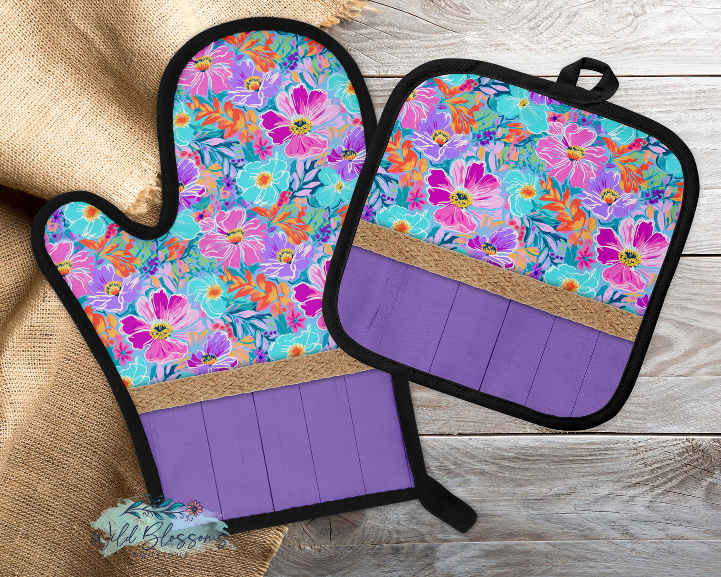 Purple Wooden Hibiscus Floral Personalized Pot Holder And Oven Mitt
