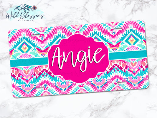 Hot Pink And Aqua Southwestern Personalized License Plate