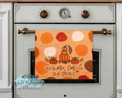 Hello Fall Polka Dot Pumpkin Fall Personalized Kitchen Towel
