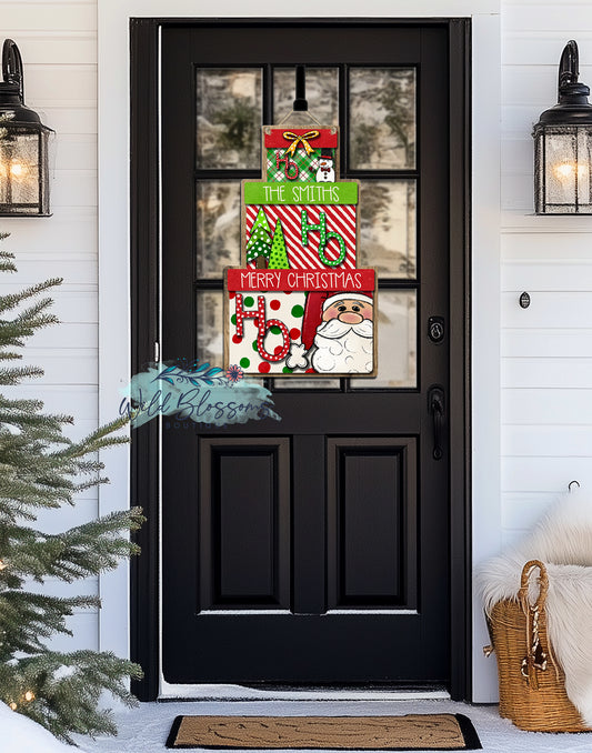 Ho Ho Ho Santa Personalized Stacked Christmas Presents Door Hanger