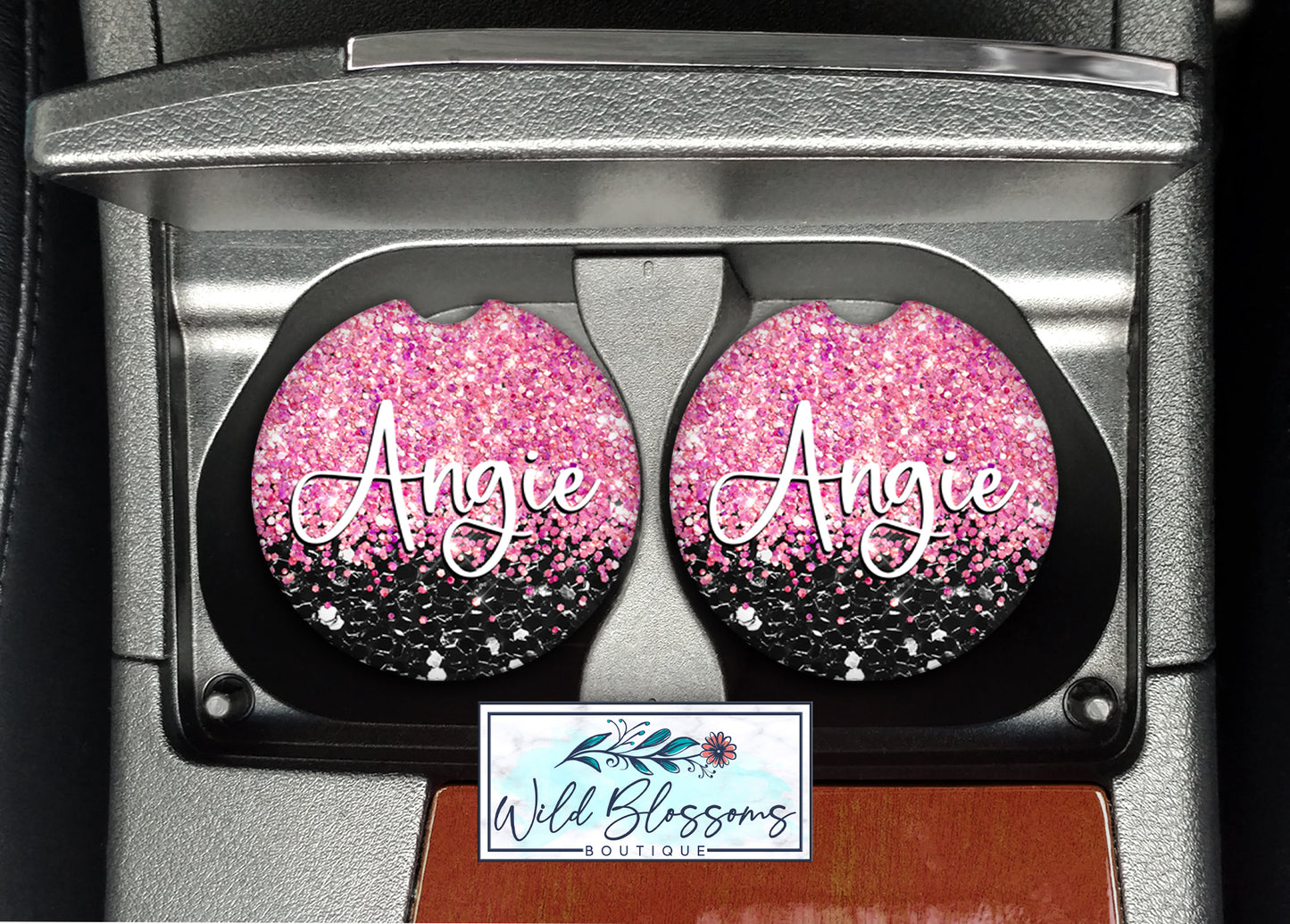 Black And Pink Glitter Personalized Car Coasters