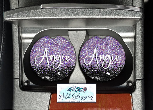 Black And Purple Glitter Personalized Car Coasters