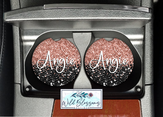 Black And Rose Gold Glitter Personalized Car Coasters