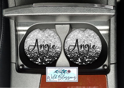 Black And Silver Glitter Personalized Car Coasters
