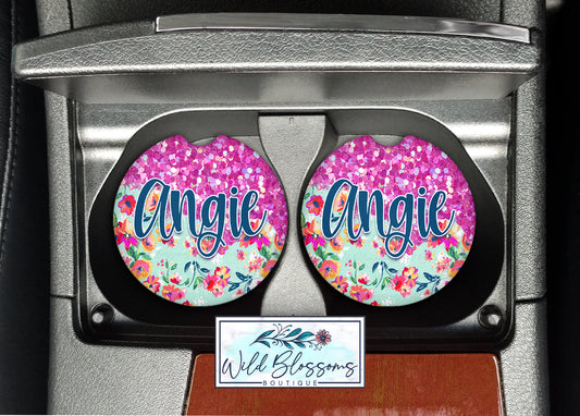 Bright Pink Floral Glitter Look Personalized Car Coasters