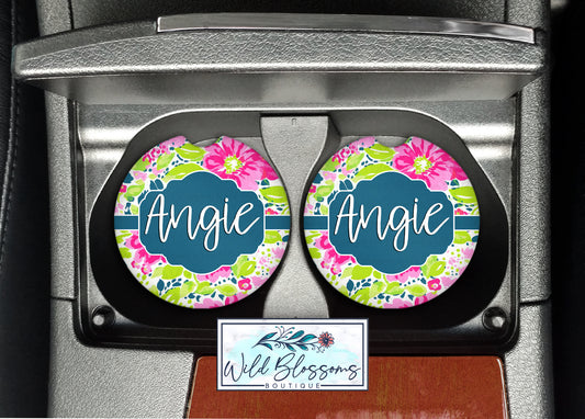 Dark Blue Pink And Green Floral Personalized Car Coasters