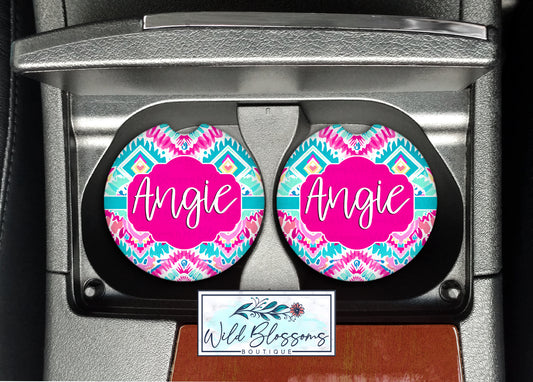 Hot Pink And Aqua Southwestern Personalized Car Coasters
