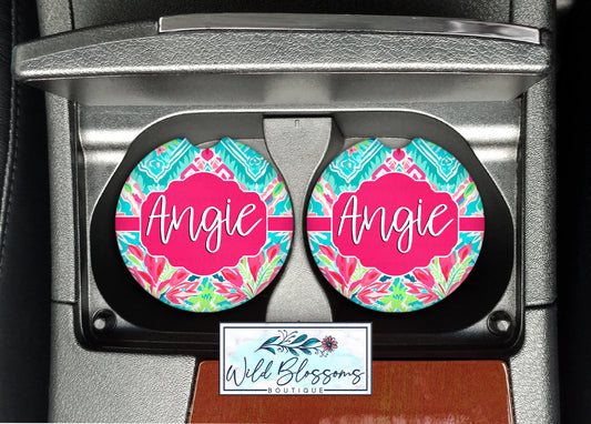 Pink And Aqua Floral Personalized Car Coasters