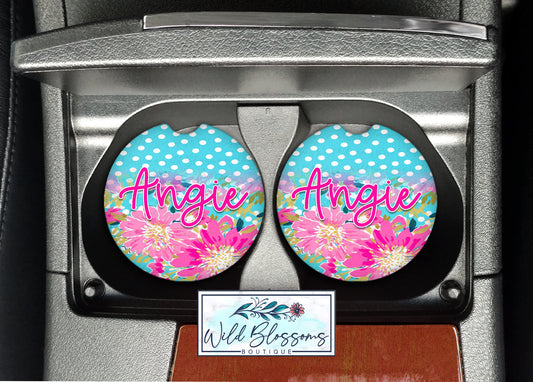 Hot Pink Floral And Aqua Polka Dot Personalized Car Coasters