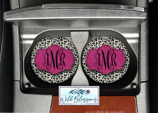 White Leopard Print With Pink Personalized Car Coasters