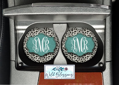 White Leopard Print With Turquoise Personalized Car Coasters
