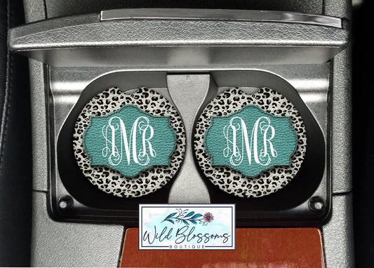 White Leopard Print With Turquoise Personalized Car Coasters