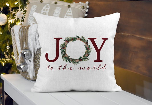 Joy to the World Floral Christmas Wreath Personalized Pillow Cover
