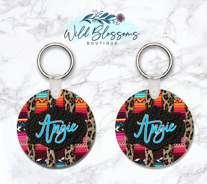 Serape And Leopard Striped Personalized Round or Square Keychain