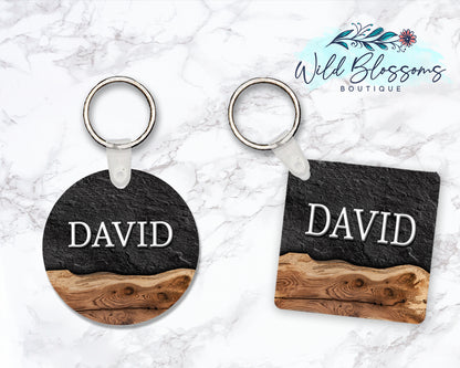 Live Edge Wood And Black Stone Personalized Round or Square Keychain