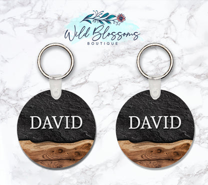 Live Edge Wood And Black Stone Personalized Round or Square Keychain